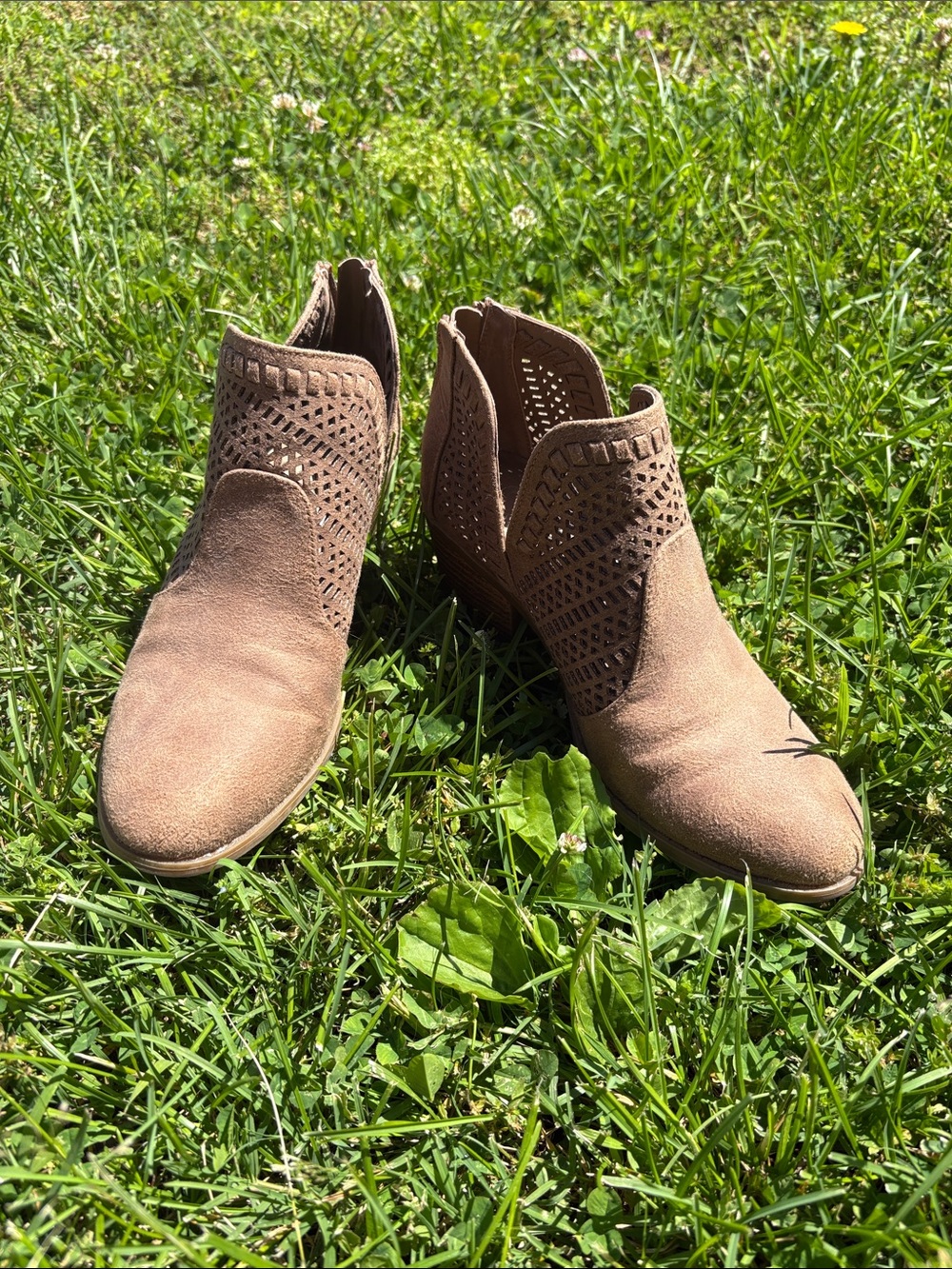 Fergalicious Taupe Suede Cutout Ankle Booties